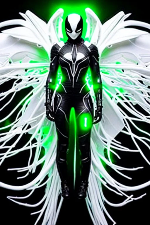 Cyborg symbiote, white color, green color, tendrils, high tech, cyberpunk, biopunk, membrane wings, carbon fiber