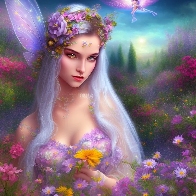 bright fairy in a flowery landscape