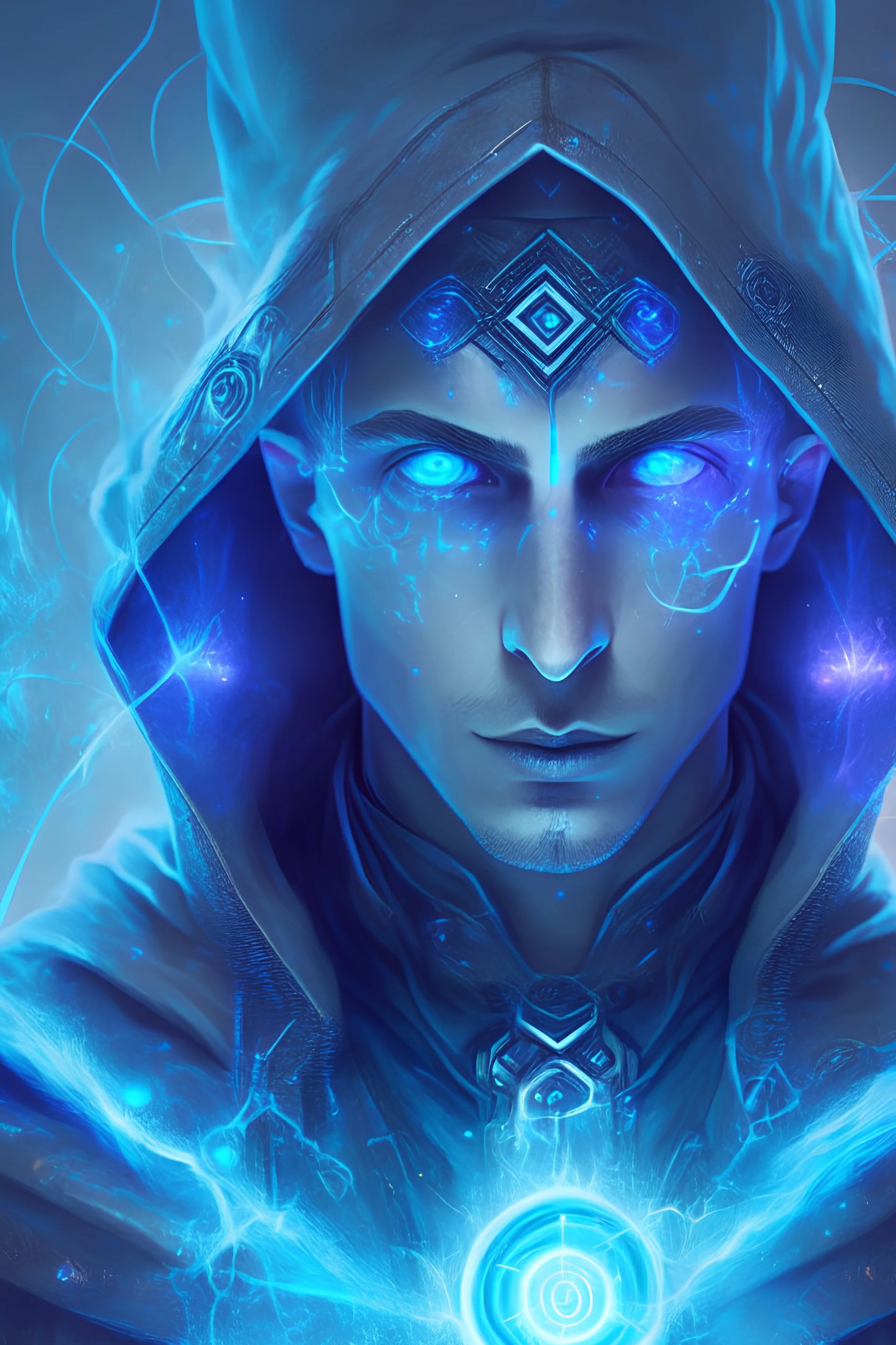 High résolution and Digital art of a mage with blue eyes who make Electronic Music with synth and cumputer