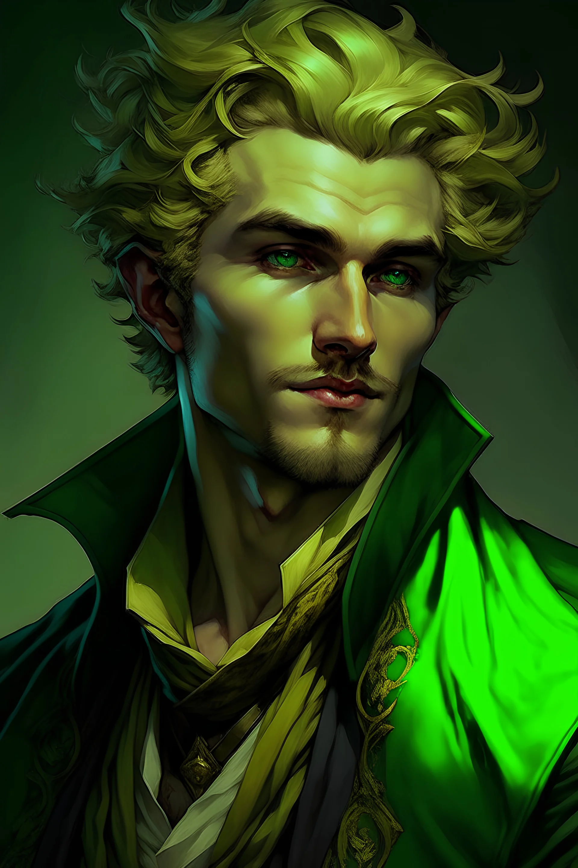 Dnd, rpg, human, male, early 30s, golden hair, short hair, wavy hair, victorian, thief, green cloak, brown vest, black wool blazer, bright blue eyes, facial stubble, content,