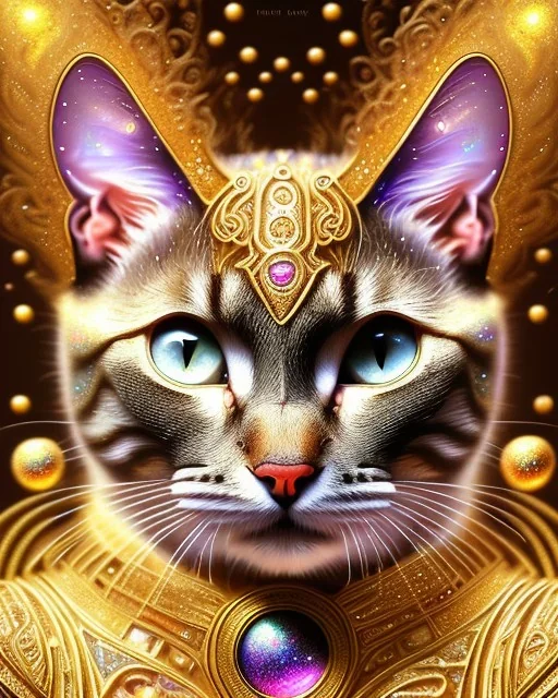 Cat , 500 x 500 pixels, glitter gold, extremely detailed fractal , fractal gems, fractal crystals, gold glitter, imperial colors ,digital oil painting , detailed art illustration, vibrant, cinematic, ornate, luxury, 8K polished in the style of Josephine Wall, Brian Froud.Thomas Kinkade