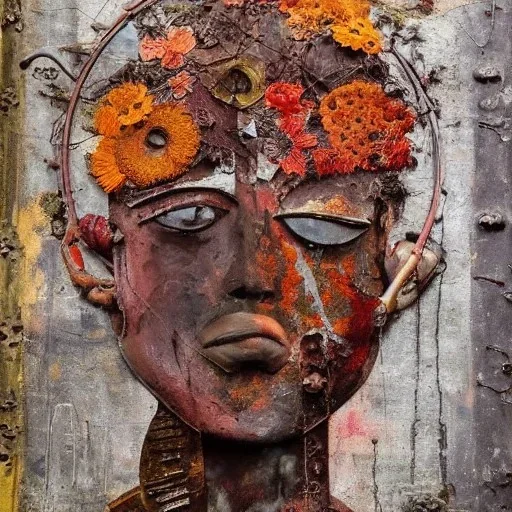 an abstract painting of rusted metal and flowers, baby boy full of love, rust, scaffolding, iron cladding, decay, mixed media, textured, anatomically correct, beautiful perfect face, sharp focus, highly detailed