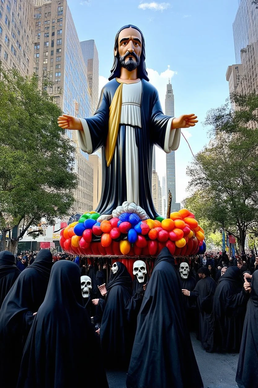 200 ft tall floating cartoonish jesus parade balloon pulled by multiple grim reapers, multi colored, bright, vivid, psychedelic, high detailed, high gloss, insanely detailed, matte, horrorcore, lining the street, unsettling contrast, monument to death, live action shot grim reaper parade, pulling a jesus parade float