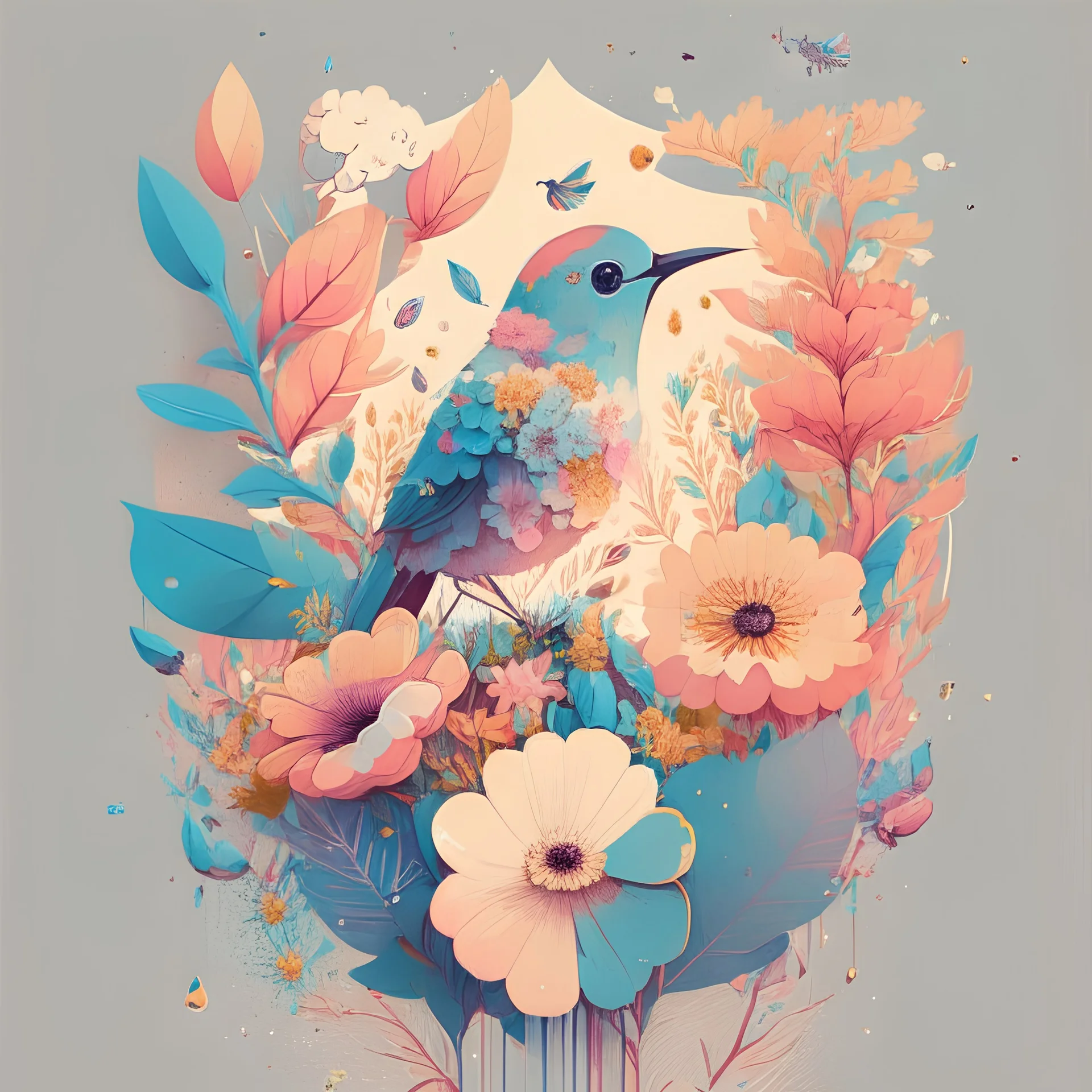 A detailed illustration a print of vintage beautiful flower design, flowers splash, t-shirt design, in the style of Studio Ghibli, complementary colors, pastel tetradic colors, 3D vector art, cute and quirky, fantasy art, watercolor effect, bokeh, Adobe Illustrator, hand-drawn, digital painting, low-poly, soft lighting, bird's-eye view, isometric style, retro aesthetic, focused on the character, 4K resolution, photorealistic rendering, using Cinema 4D