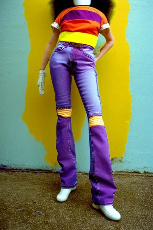 Photograph of a woman. Low waist jeans! bright blue jean,baggy, 1996!Huge plant prints on denim,terracotta,cream,purple,lilac. Cream colored latex parts. imperial yellow, red plum stripes, only on the top half of t-shirt. European daft punk woman. Mantle is sewed of recycled Denim and sewed together of recycled polymer felt. lace, Yellow(Munsell) areas. hint of orange as effect color!!Big bright purple/khaki felt tippet and cream or blue or lilac colored-hood. mantle is merged with cobalt bole