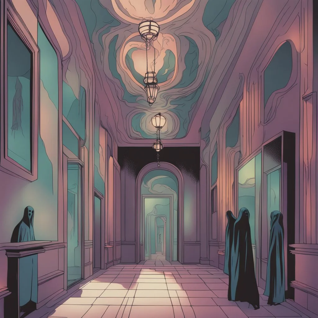 ghostly wraiths and smoky phantoms in a hall with broken mirrors in cinemascope colors