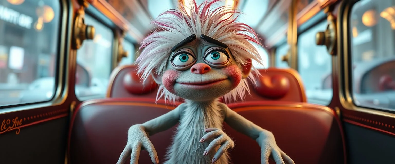 close up portrait of hairy fluffy polymer clay cute female happy worried monster with realistic human colored and textured skin, and long sleek limbs and with studio lights, on a luxury ornate neon buss, talking to his aunt