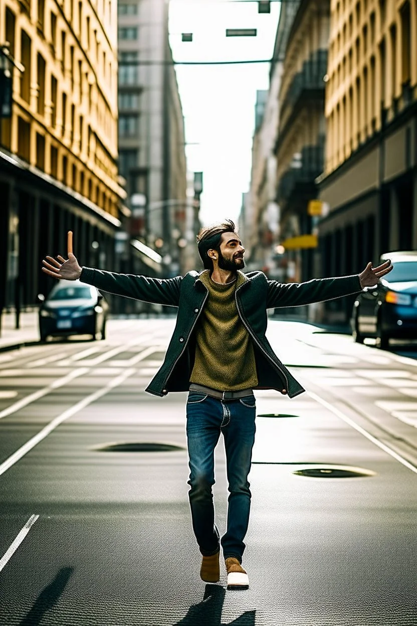 un hombre con los brazos abiertos en una calle de una ciudad. fotografía realizada con cámara Leica y objetivo de 50 mm. fotografía en color