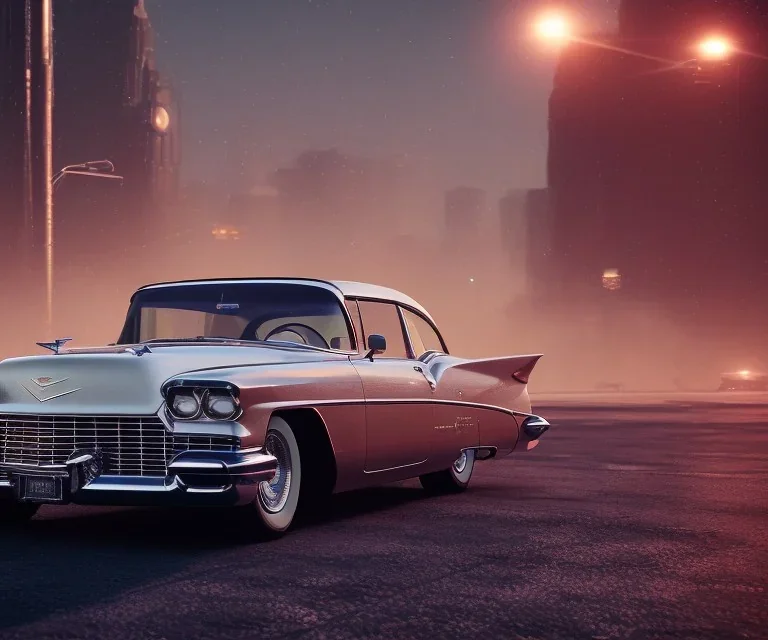 1957 Cadillac Eldorado Brougham. villain city. high speed. bokeh. lens flare. warm lights. high detailed. scifi fantasy.