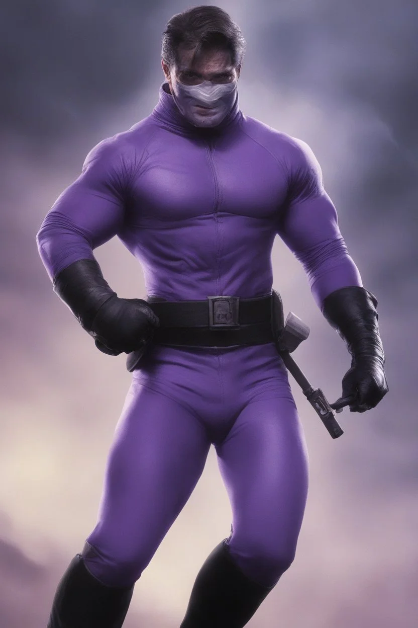 Kent Walker aka THE PHANTOM, Strong, athletic physique, action poses, wearing a skin-tight, formfitting purple bodysuit with a skin-tight, formfitting purple cowl, black eye disguise, black utility belt and double holstered pistol belt, black knee-high boots, glowing white eyes, battle scars, blood, ((foggy, cloudy background, multicolored lightning, flowing lava, Full Eclipse, aliens, explosions, bright, vibrant, extremely colorful, detailed, blood red skies))