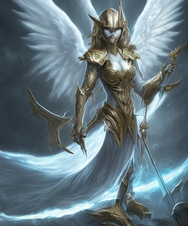 An angel of death, pure white scales cover her form, descended from a dragon, a sorcerer of high power, horns and scales replacing skin, gold scales, avenging angel, to kill or be killed, she will kill you