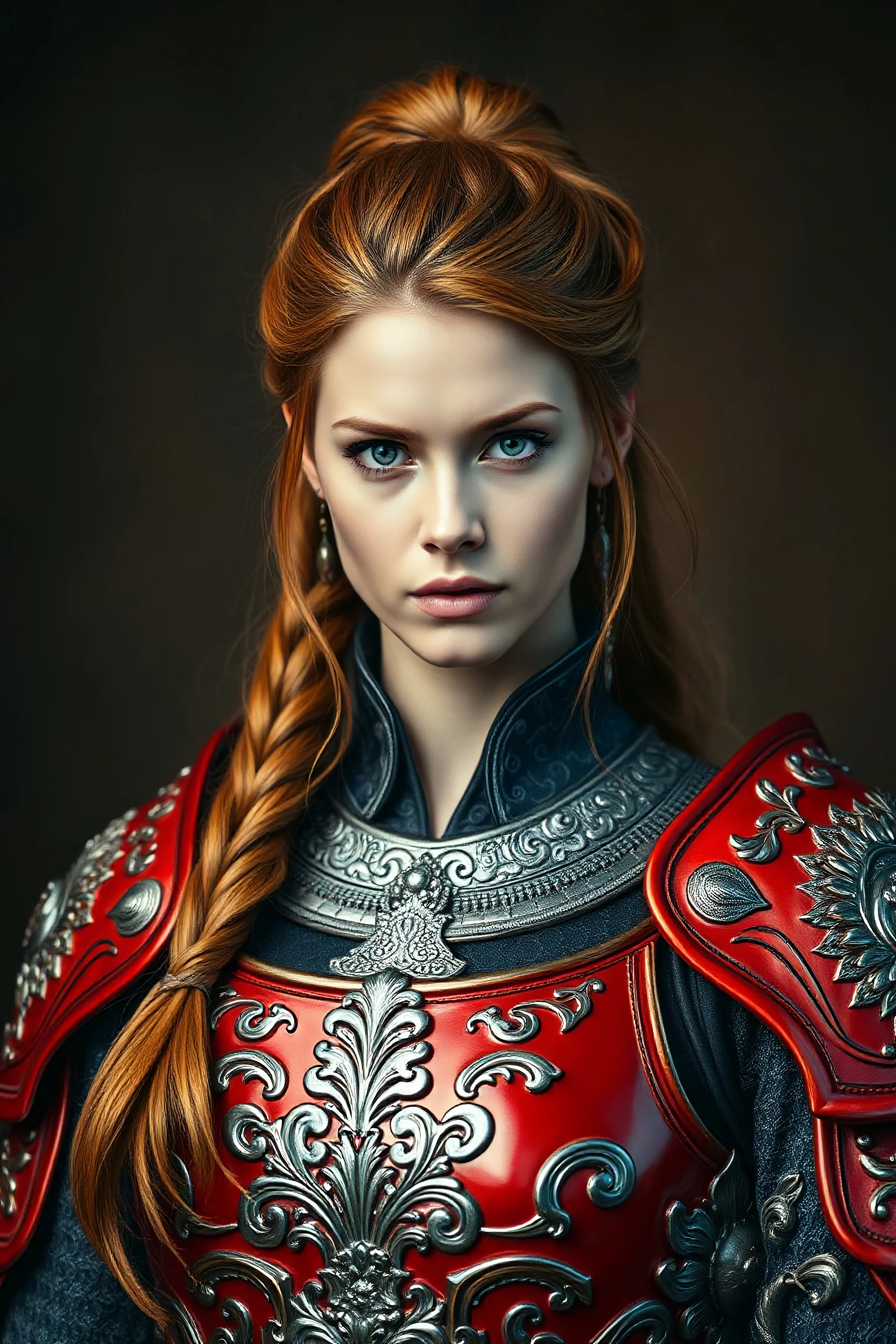 A striking winking woman in ornate, ceremonial armor. A woman with big boobs , topaz eyes determined expression stands before a backdrop of moody, brown-tinted lighting. Her long, ginger hair is styled in a braided updo, framing her face and commanding presence. The armor is a stunning blend of intense red hues and gleaming silver accents, adorned with intricate floral motifs that convey a sense of both strength and elegance. The overall impression is one of a formidable warrior.