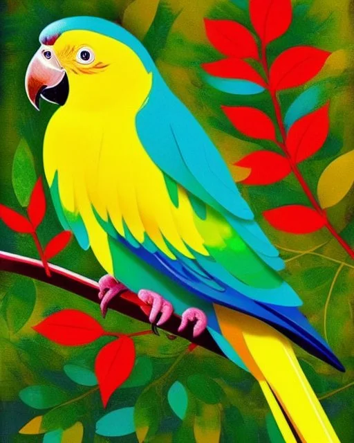 Hermoso loro amarillo azul y rojo arte pop árbol hojas verdes magnífico detallado