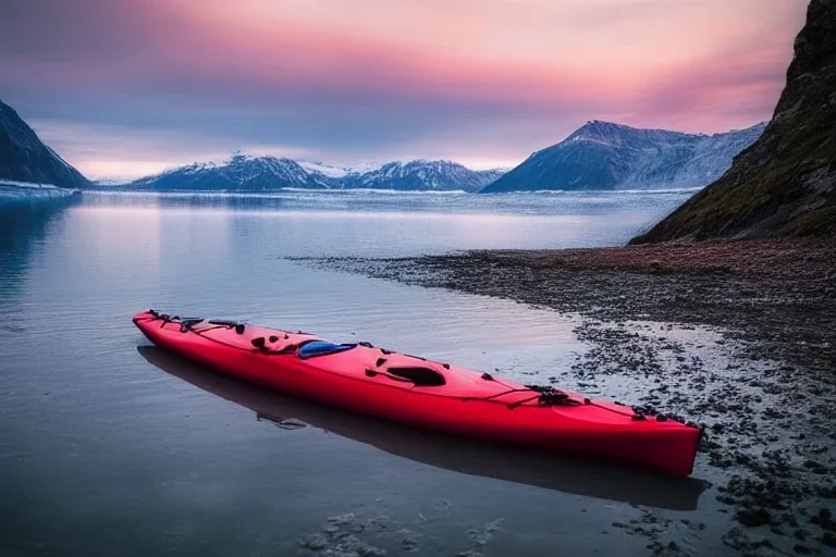 highly detailed glacial lake landscape, sunset, cinematic lighting, 4k, 8k, octane render, trending on 500px, pinterest, extremely detailed, ambient lighting, single frame, tiny kayak on pebble beach in foreground