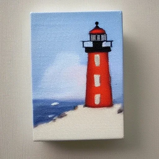 tiny oil painting of tiny lighthouse, plain white background, solid white background, tiny white canvas, tiny white frame, plain white wall, melancholy, tender, moody, vintage, delicate arrangement, beautiful composition, etsy, aesthetic layout, plain solid white background