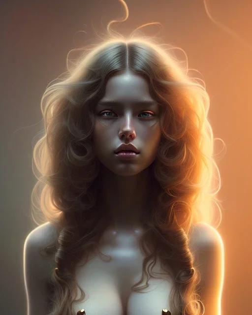 porno girl, beautiful, long hair, wavy hair, curly hair، black eyes, head and shoulders portrait, cinematic, 8k, resolution concept art portrait by Greg Rutkowski, Artgerm, WLOP, Alphonse Mucha dynamic lighting hyperdetailed intricately detailed,jewelry ,golden hour,