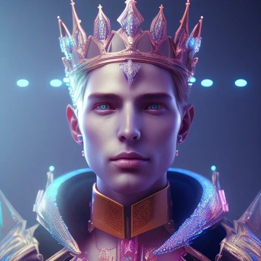 A portrait of a crystalised blue pink king, atmospheric, realistic, unreal engine, lighting, octane render.