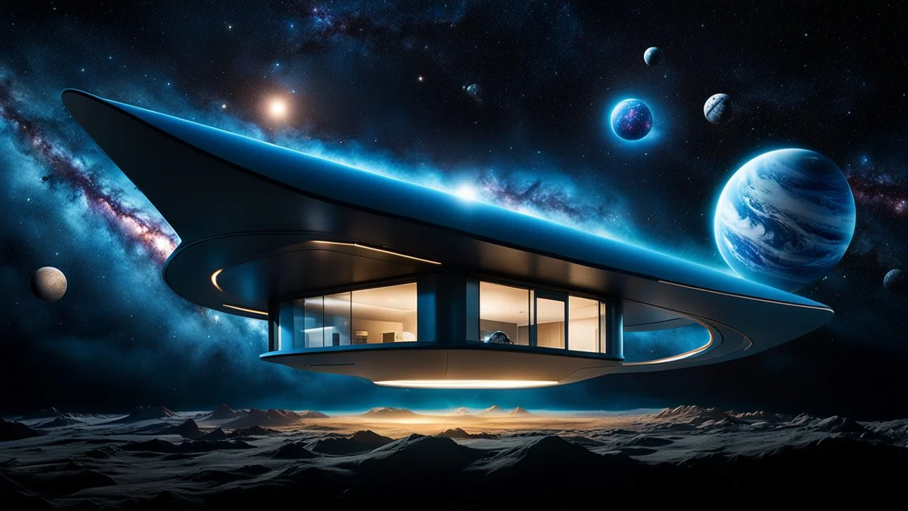 photorealistic futuristic unique house flotaing in big space in outer space in a star nebula, streamlined futuristic spaceship floating in front, nebula behind, stars, tiny planets in the distance, dark blue deep space Professional photography, bokeh, natural lighting, canon lens, shot on dslr 64 megapixels sharp focus, stunnig, cinematic