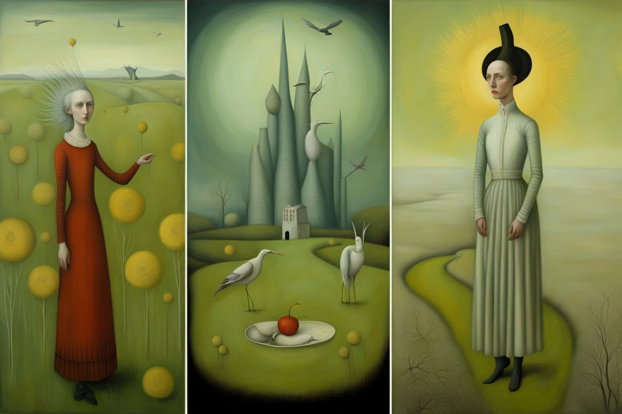 a surrealist landscape by artist "Andrea Kowch",by artist "Meret Oppenheim",by artist "Leonora Carrington"