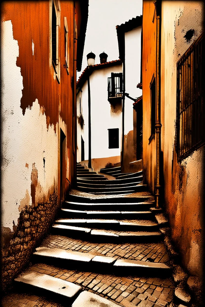 an old narrow and meandering stepped street in a picturesque town, steps are made of dirty old black and white (piano keyboards,:1.6) watercolor over photography, tint leak, ink leak, colors of rust and warm grey and dirt of age, aged peeling walls, sad vibe