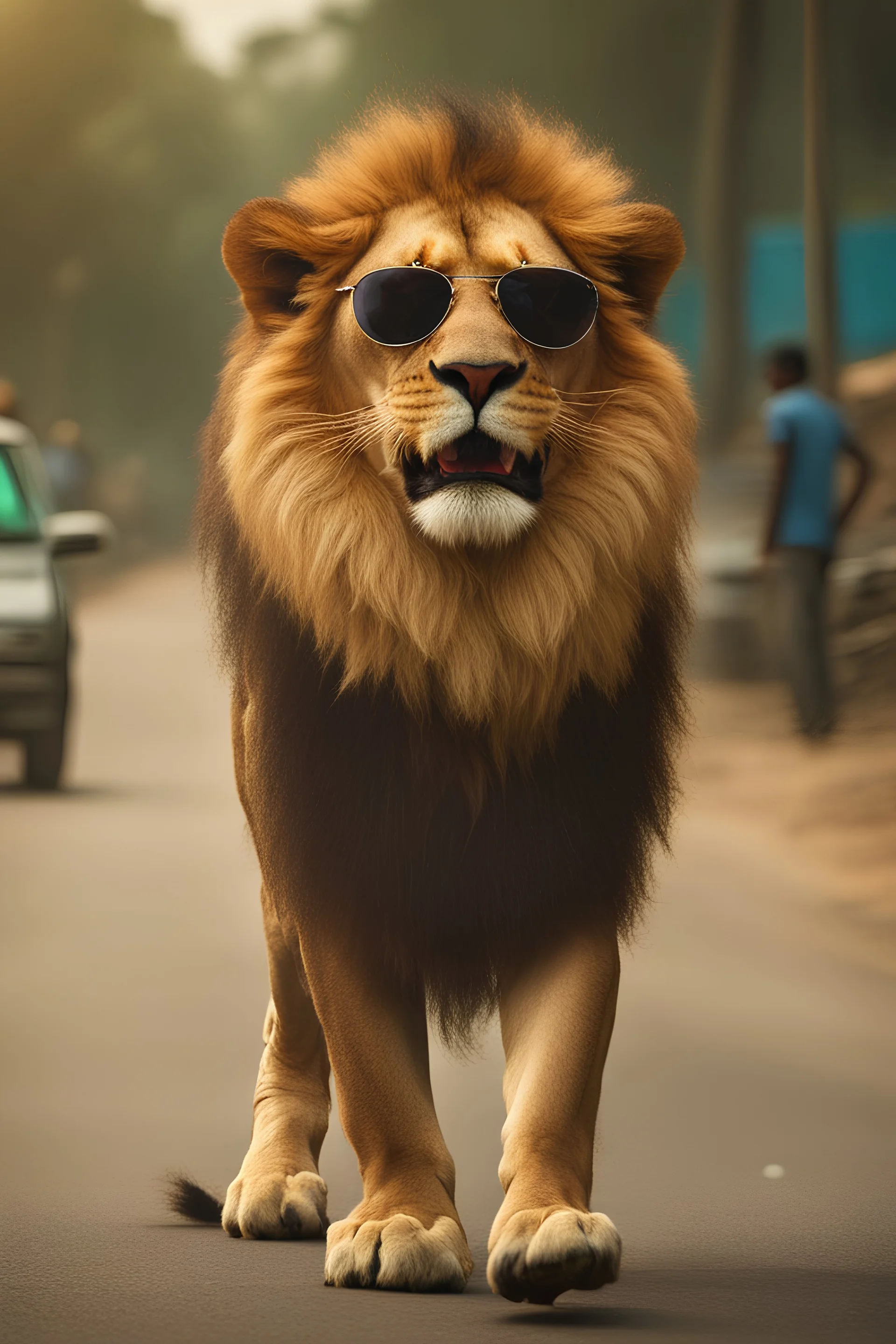 A lion wearing sunglasses, in a Bangladeshi road, ultra hd