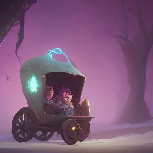 Little Boy hiding in magical carriage led by unicorns Nick Harris style