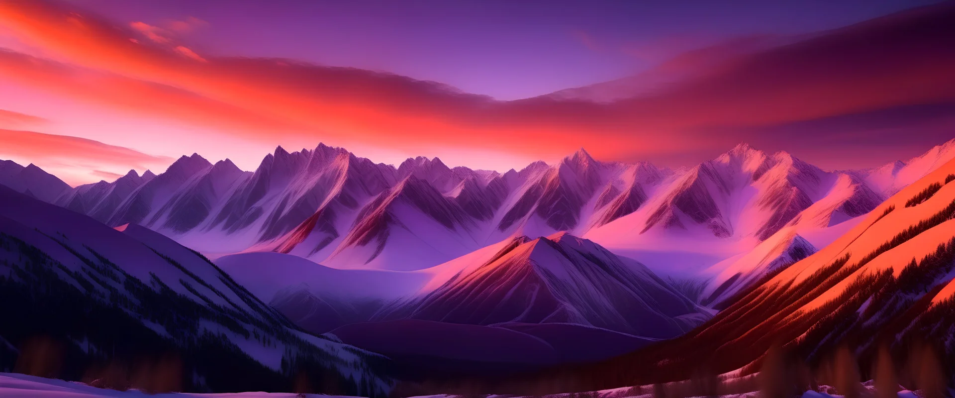 A wide-angle panoramic shot of a snow-capped mountain range at sunrise, with vibrant purple and orange hues in the sky.
