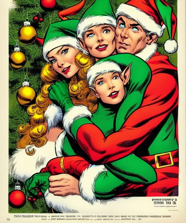 two elves. woman and man. Christmas scene. poster. marvel comic. low-key