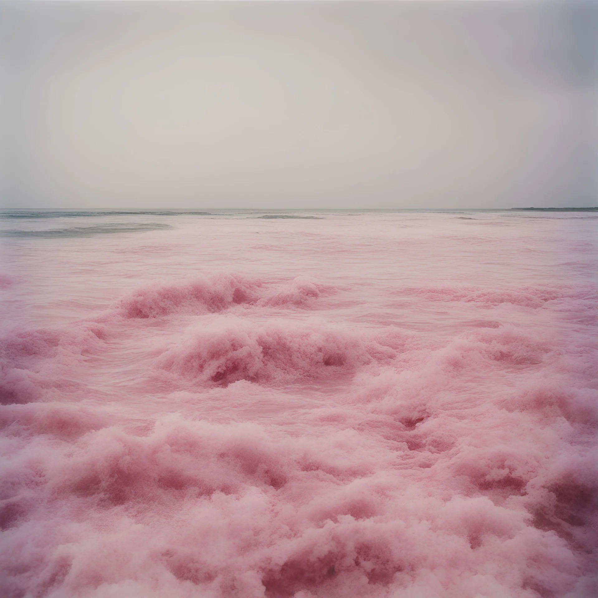 Pink sea in the 1970s, analog photography with white, damaged