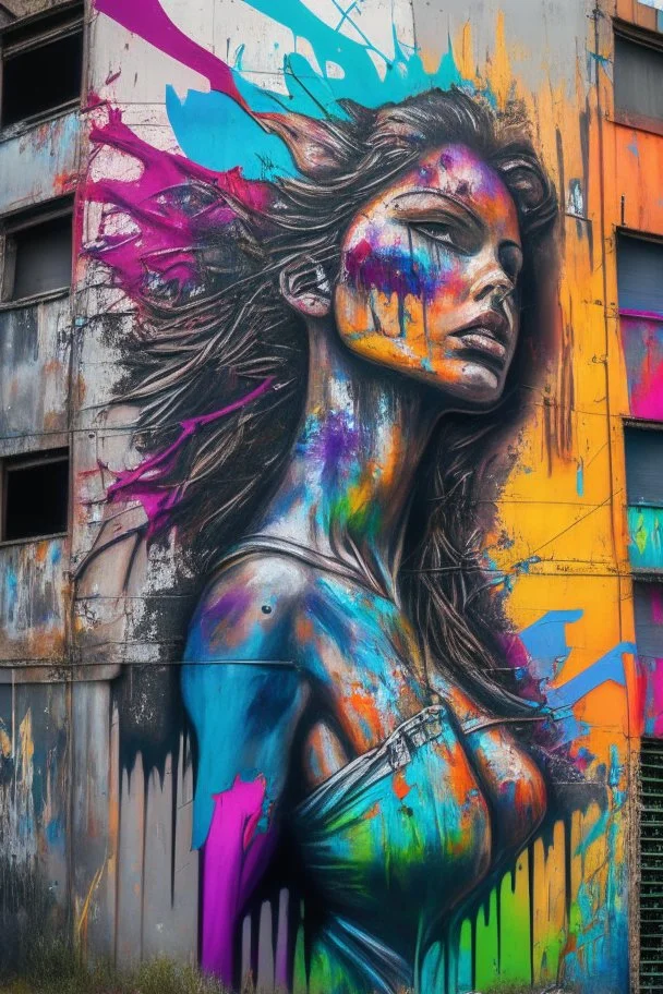 graffiti art on the back side of an abandoned building portraying a female super model posing confidently, 8k, highly detailed, centered, epic composition, graffiti art, splash art, street art, spray paint, oil gouache melting, acrylic, high contrast, colorful polychromatic, ultra detailed, ultra quality, CGSociety