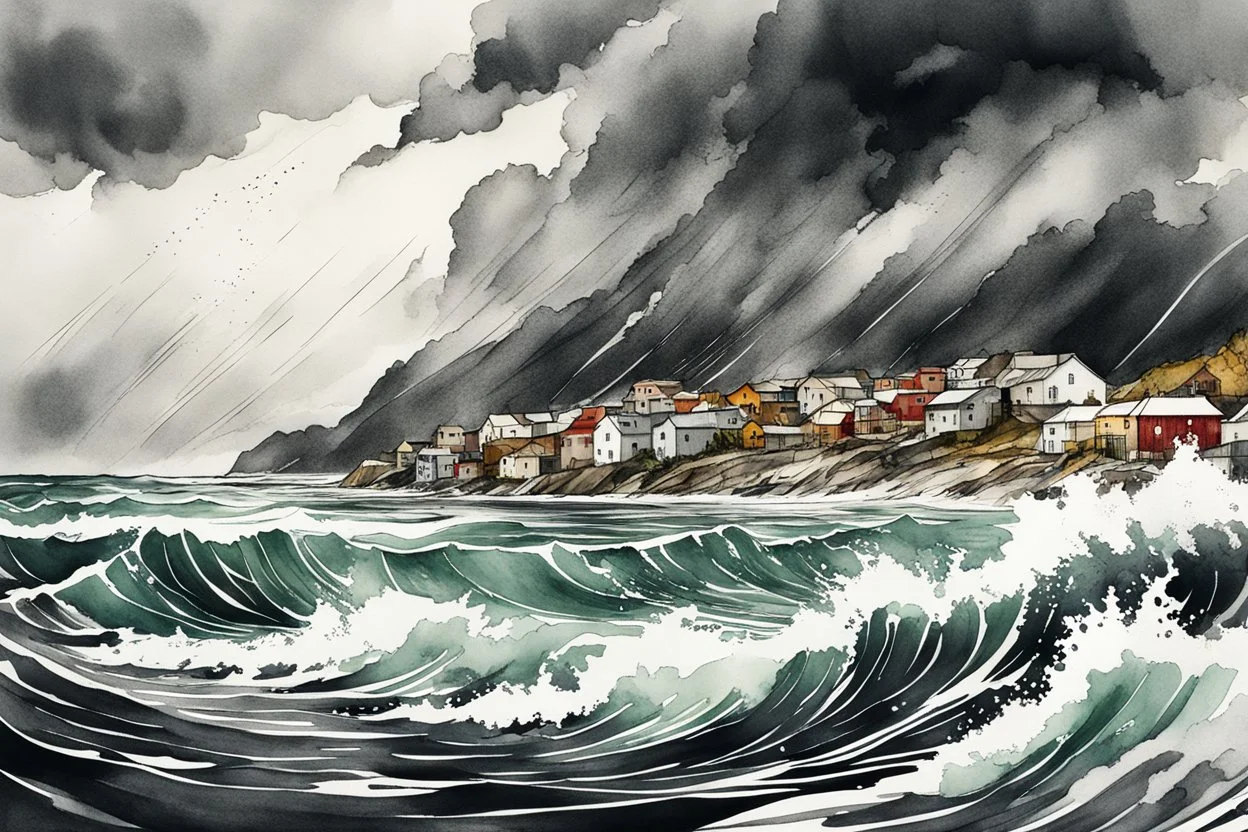 an abstract ink wash and watercolor illustration of a storm tossed, highly detailed coastal fishing village in the Lofoten Islands , with ominous storm of the century thunderheads and pounding surf , finely drawn and inked, 4k, hyper detailed and vibrantly colored