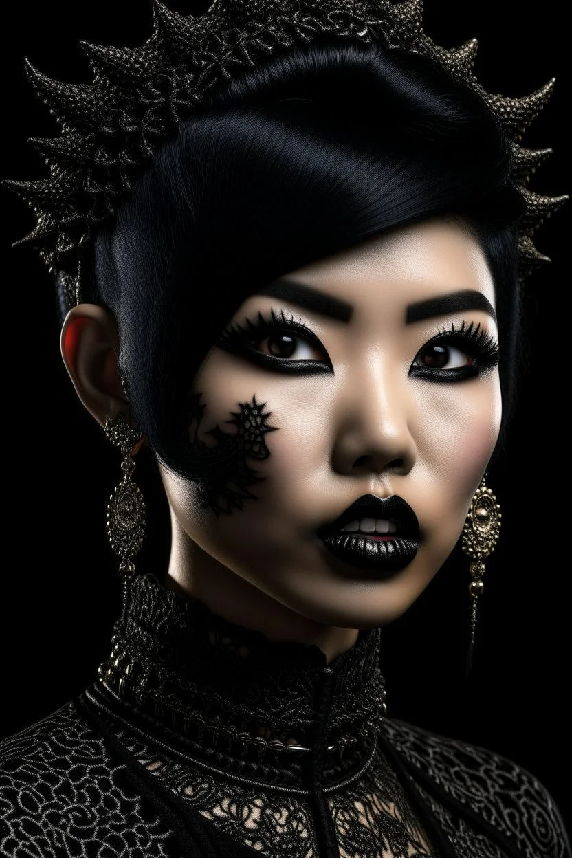 portrait of a fantasy asian goth woman, black makeup, black eyeline, black lipstick, fantasy style, realistic style, highly intrictae details, high quality, 8k