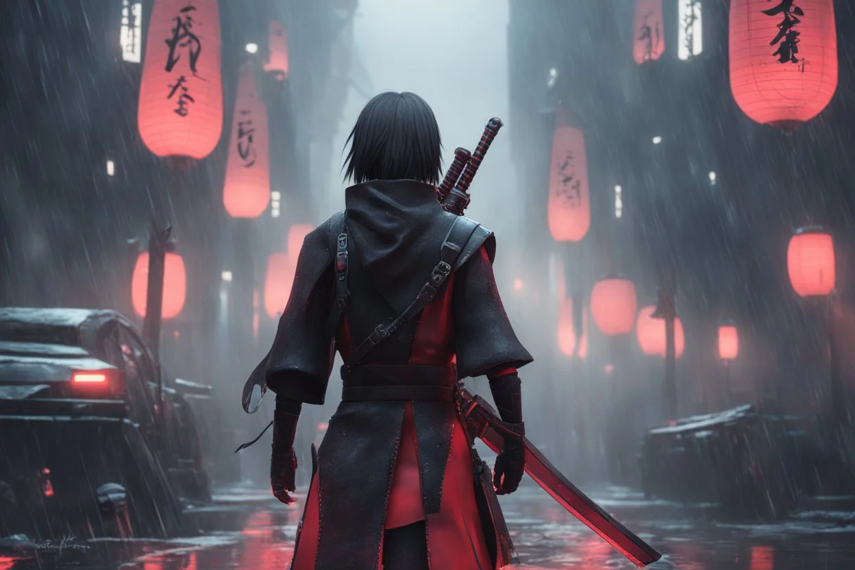 Itachi Uchiha in 8k nier automata artstyle, Uchiha Custom, neon effect, close picture, rain, fantasy world, intricate details, highly detailed, high details, detailed portrait, masterpiece,ultra detailed, ultra quality