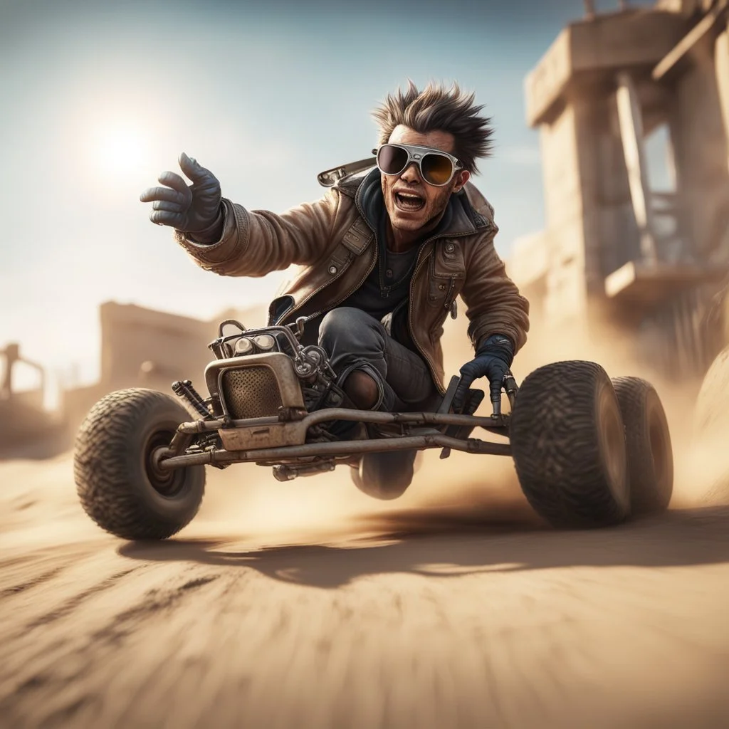 airbrush with pen outline, cool mad max pimp preacher gremlin jumping with a dune buggy against a wall wearing driver gloves, wearing flip down sun glasses, in the style of a fallout 4,bokeh like f/0.8, tilt-shift lens 8k, high detail, smooth render, down-light, unreal engine, prize winning