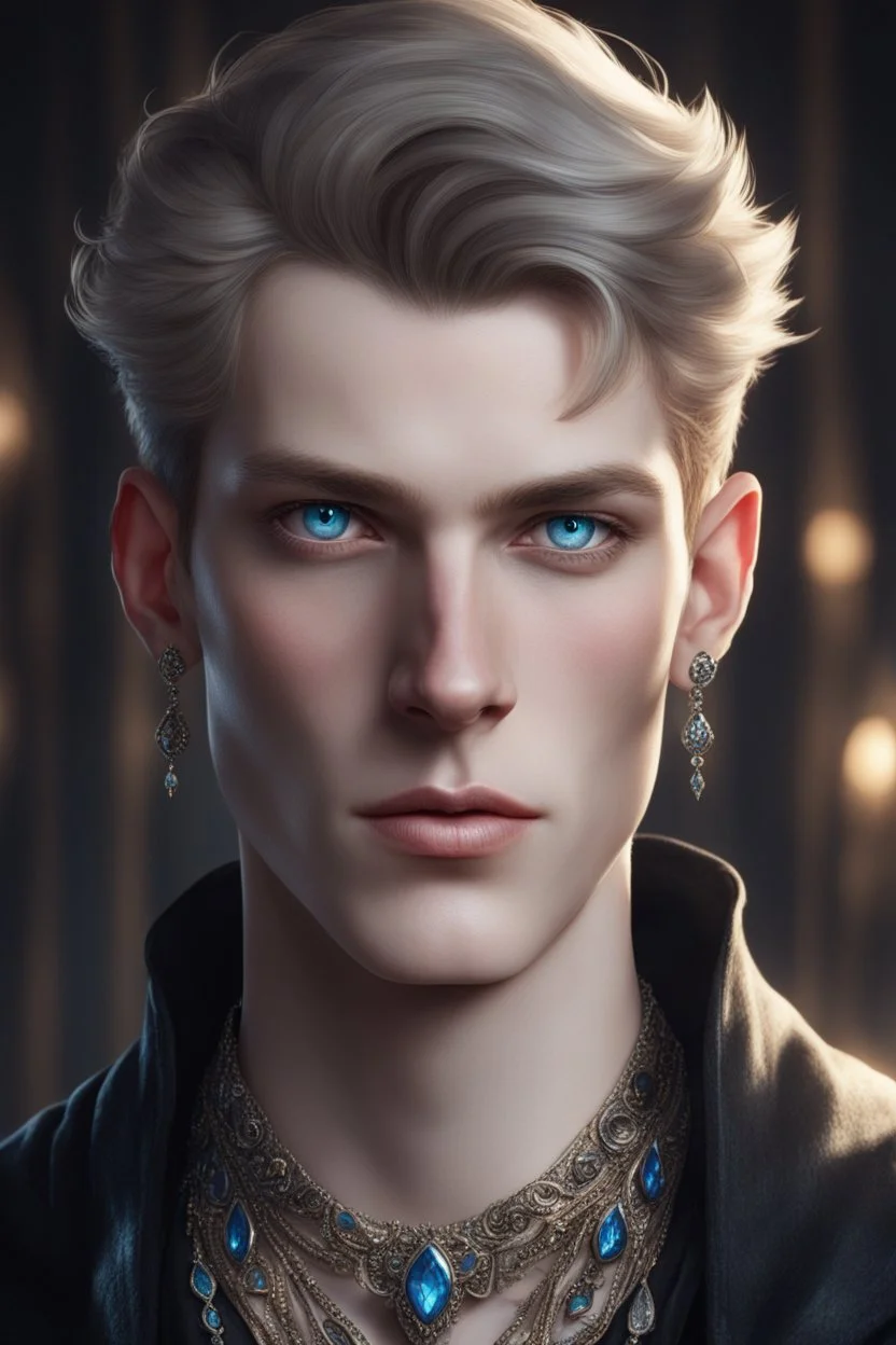 a wealthy young man with pointy ears and blue eyes, wears lots of jewelry, pale skin, soft face, dark clothing