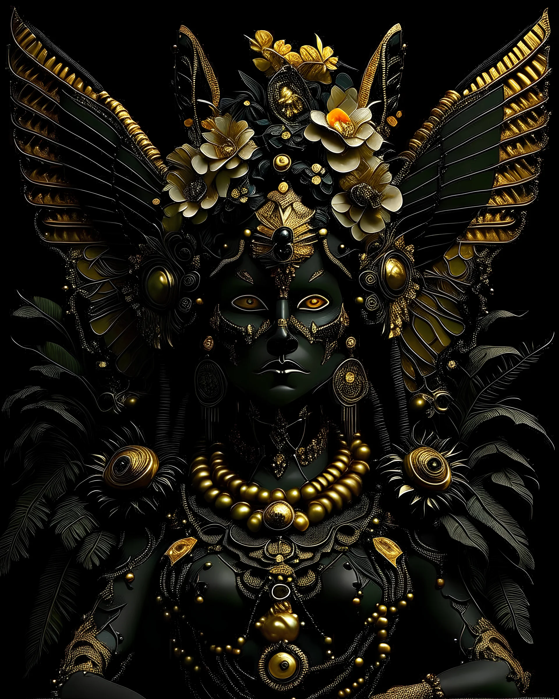 A beautiful vantablack woman christmas angel portrait with voudore shamanism realism adorned with black ladybug angelic headdress ribbed with Golden filigree wings adorned with floral cathalea and ginger roses headress with malachite mineral stone floral embossed and earrings ribbed with vantablack black obsidian and white pearls voudore shamanism wings metallic golden filigree organic bio spinal ribbed detail of vantablack background extremely detailed hyperrealistic maximálist concept att