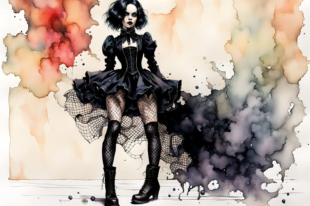 Create and fine print ink wash and watercolor full body illustration of a Goth Girl ball jointed porcelain doll, with finely lined and detailed facial features in a ragged gothic dress, fishnet stockings ,battered combat boots, , in the graphic novel style of Bill Sienkiewicz, and Jean Giraud Moebius, precisely drawn, colored and inked