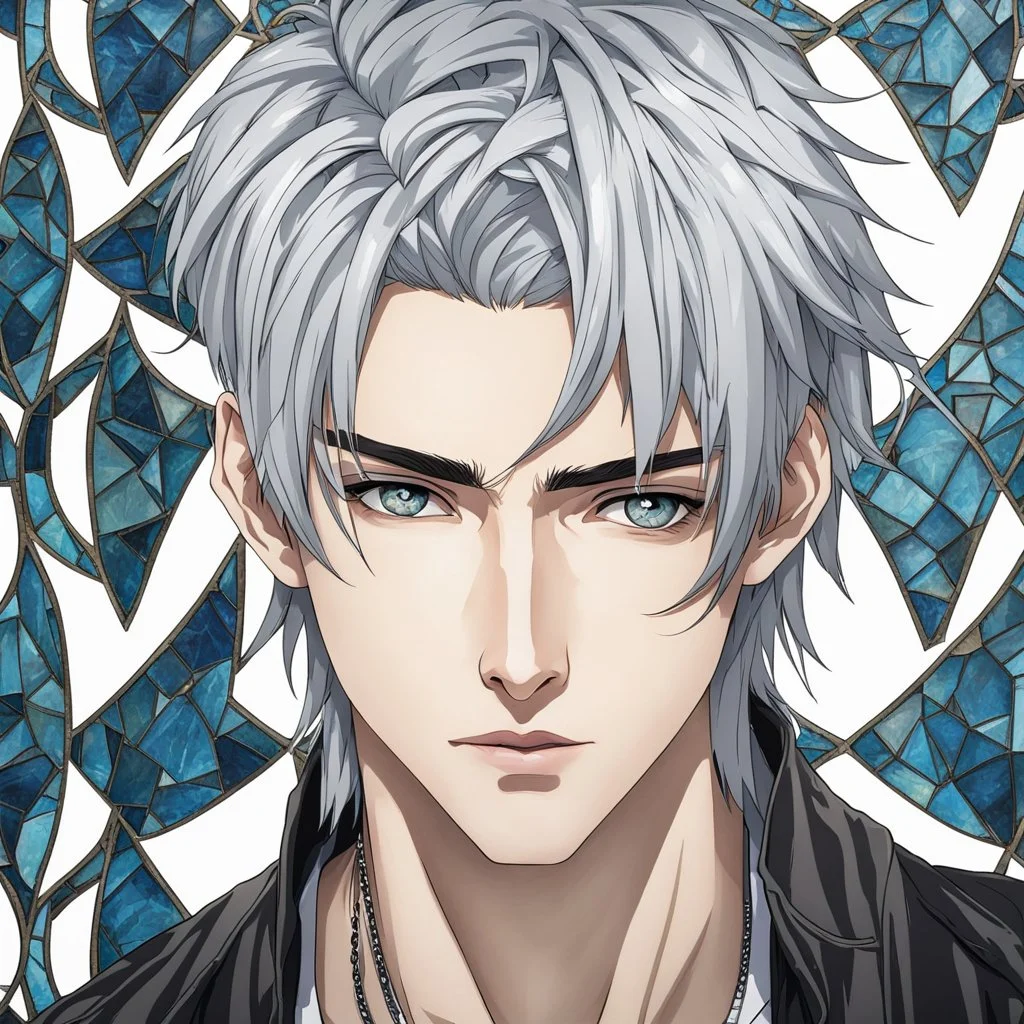 A stunningly detailed (((headshot portrait))), capturing the essence of a young man in his 20s with silver hair and piercing gray eyes, exuding a sense of confidence and protection, anime realism style, intricate mosaic backdrop