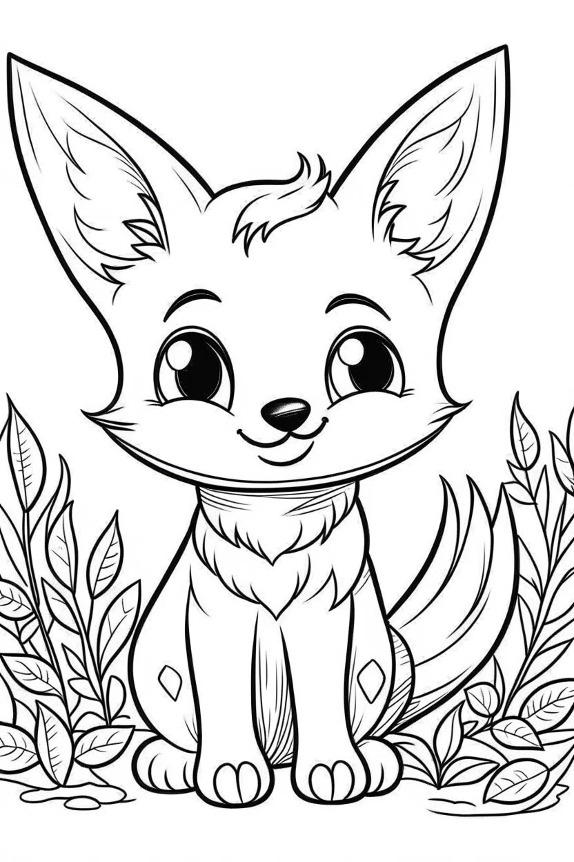 cute coloring page, sketch style, cute baby fox in the wood, cartoon, white and black, withe background, no shadows, outline.