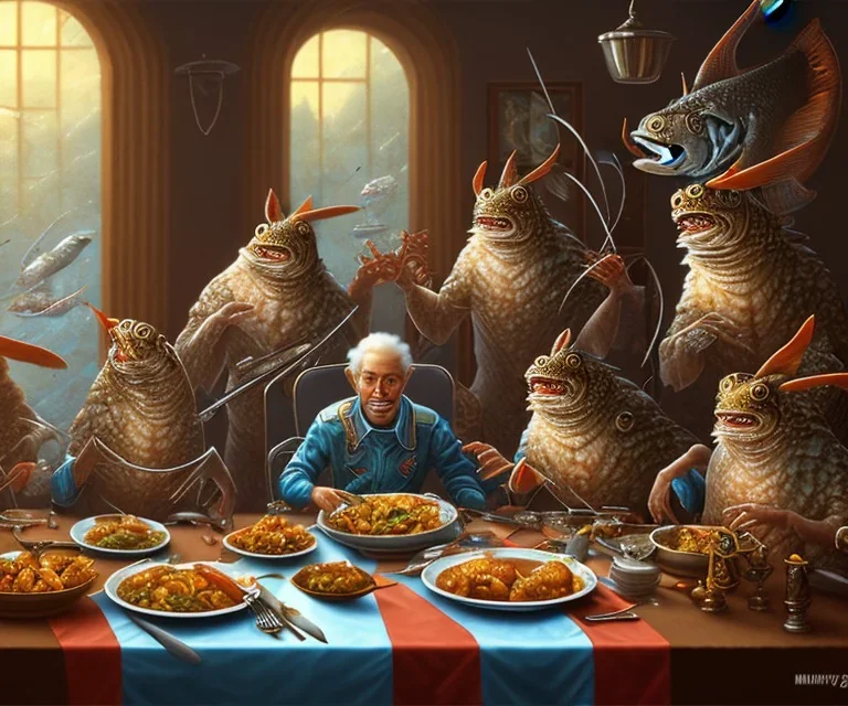 supper, fish sit at the table and eat pieces of people.