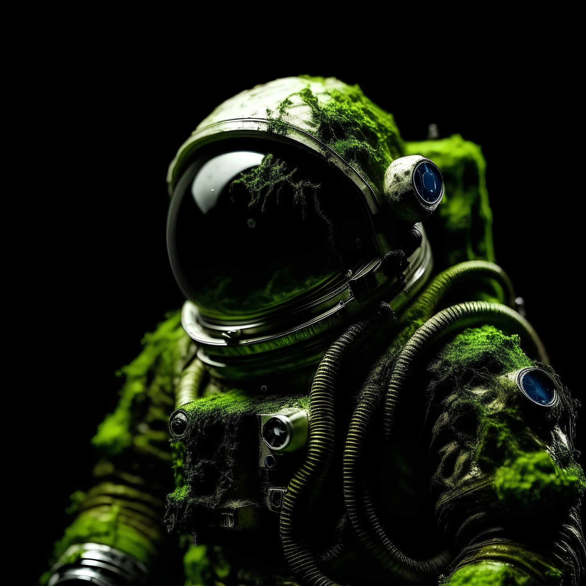 A moss covered astronaut with a black background