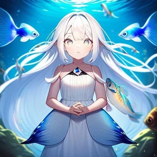 big dreamy eyes, intricate, colored hair, fish princess, long white hair, cute, small girl, symmetrical, emotionless,