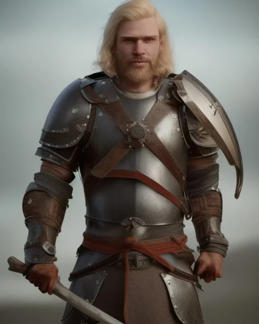 strong medieval men warrior with blond short hair, blue eyes and wide warm smile with an axe with green and brown clothes