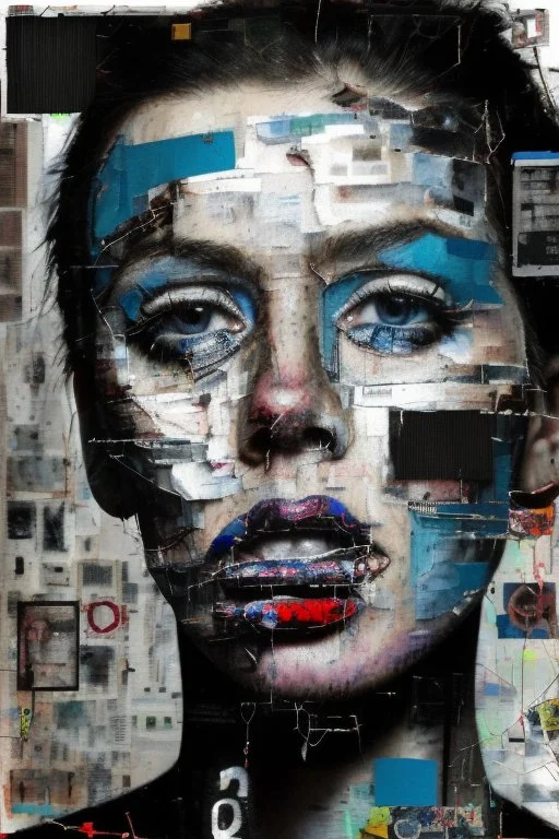 Ultra detailed medium portrait painting of a beautiful abused woman, she is crying and upset, masking tape on her mouth, blue brushed eye, chaos background,torn up collage of clippings, broken circuitry background, matrix effects, punk visual art, punk art aesthetic, graffiti art, pop surrealism, collage art, cluttered paint glitches