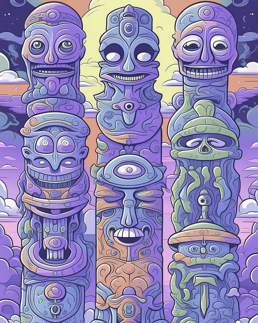 A pale light purple haunted EDM party with ghosts designed in pacific Northwest totem poles