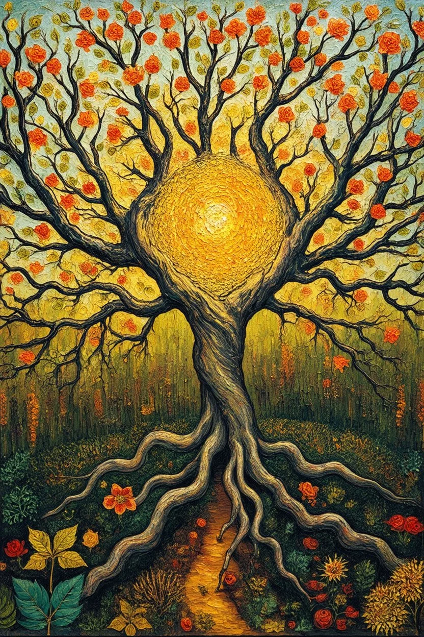 the coming together of many drives in one nature in whom everything – knowledge, desire, loving, hating – strives centripetally toward a root force, and where a harmonious system of drives is formed by the compelling domination of [an organizing idea which functions as] the living centre of the self; Lowbrow Post-Impressionist painting inspired by Hundertwasser and Van Gogh; Golden Hour; Exquisitely Detailed; Foliage Palette