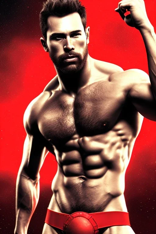 Ignore NSFW, teenager young rugged attractive slightly muscular fantastic handsome man, red briefs with yellow belt, hairy chest, (((visibly pisssing))) briefs, large erect visible boner peniss, photorealistic, artist Jay Anacleto, soft lighting, scruffy beard