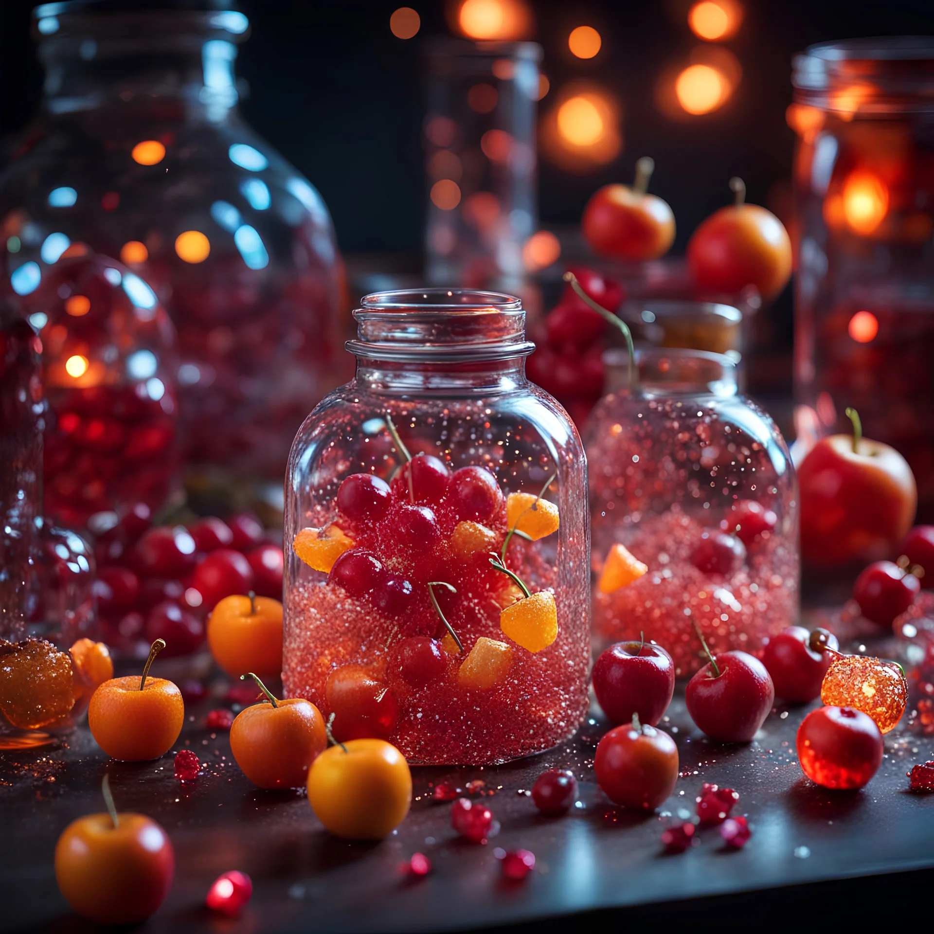 apple cherry and orange made of glass and crystal, magical particles, crushed red glass shatter into candy splinters, magic shop, magical treats and candy in jars, magical books and wands everywhere very dark room, candle light, bright vibrant colors, glowing sparkle particles, dark tone, sharp focus, high contrast, 8k resolution, incredible depth, shallow depth of field, dramatic lighting, beautifully intricate details, clean environment, epic dynamic scene