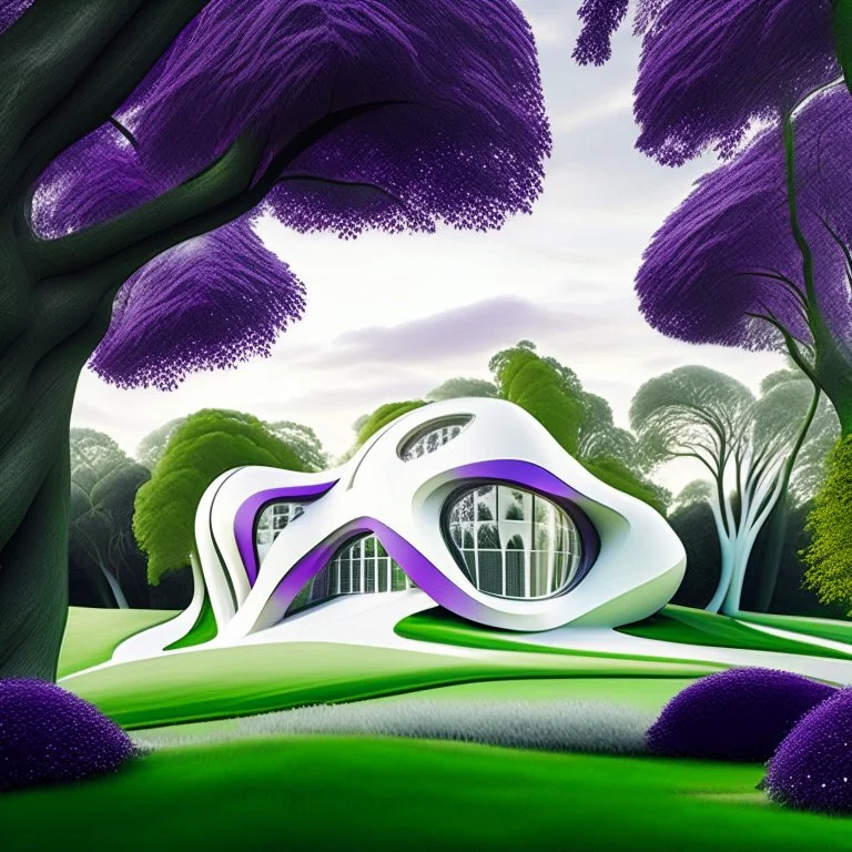 Casa campestre estilo Zaha Hadid obra de arte detallada color blanco crema y violeta impactante árboles verdes foto realista 8k