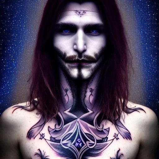 perfect long-haired male Vampire, perfect eyes, full tattoo of flower art and trees extending past face and morphing into galaxy, 8k resolution, high-quality, fine-detail, intricate, digital art, volumetric lighting